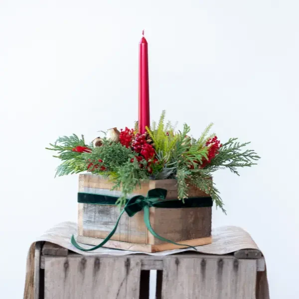 Rustic Christmas Table Centrepiece with red candle