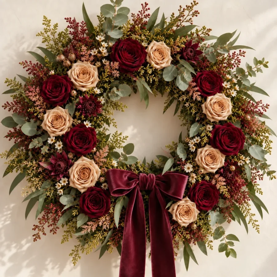 Burgundy and champagne Christmas wreath with dried citrus and Australian foliage, handmade by Dahlia and Thyme in Wollert