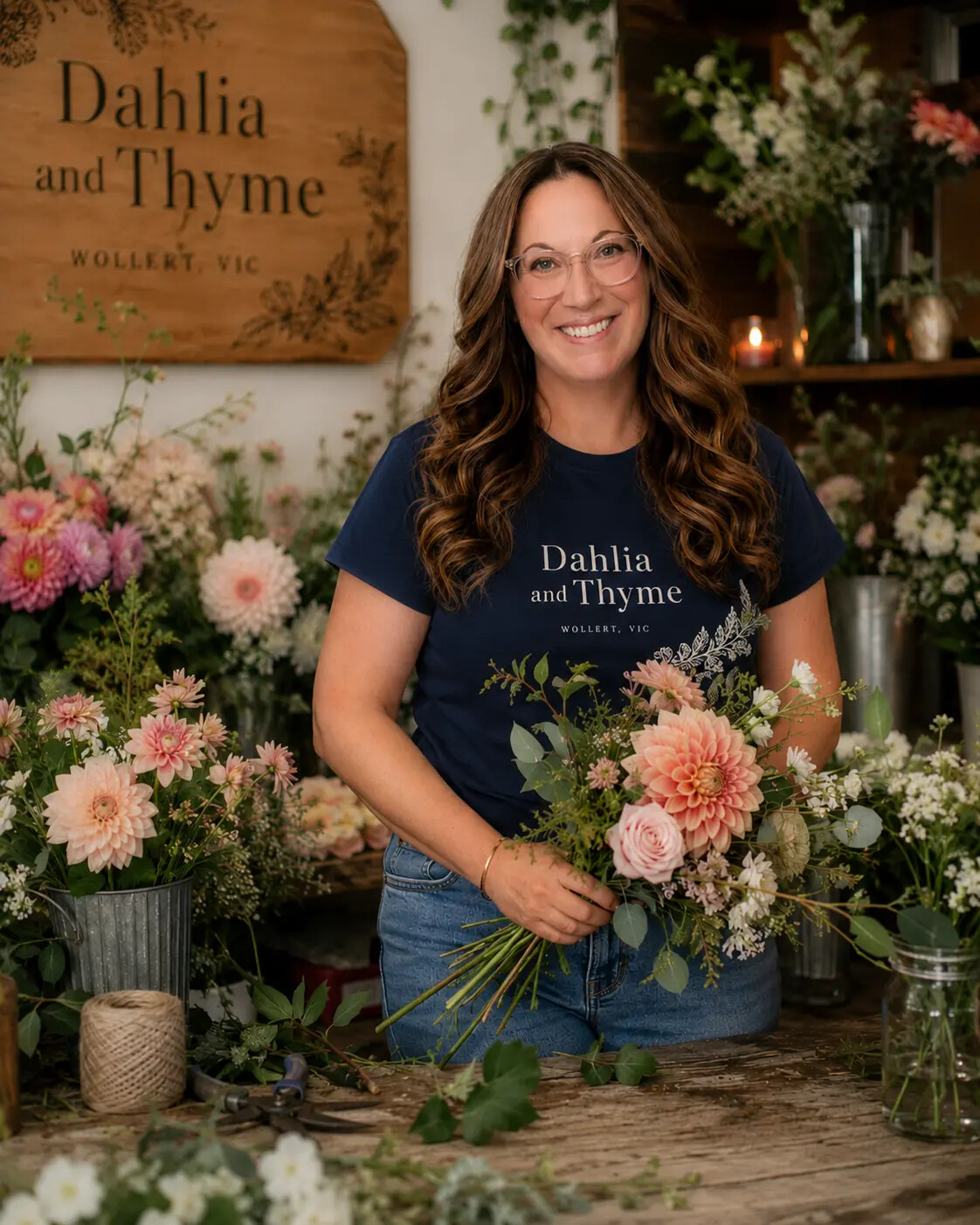 fiona-watson Meet fiona for dahlia and thyme florals. Florist standing at her work bench surrounded by flowers