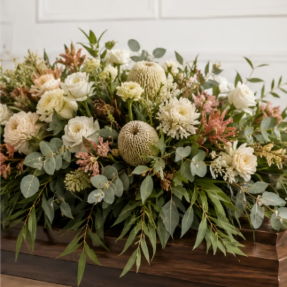 Australian native funeral flowers with banksias, waratahs and soft foliage
