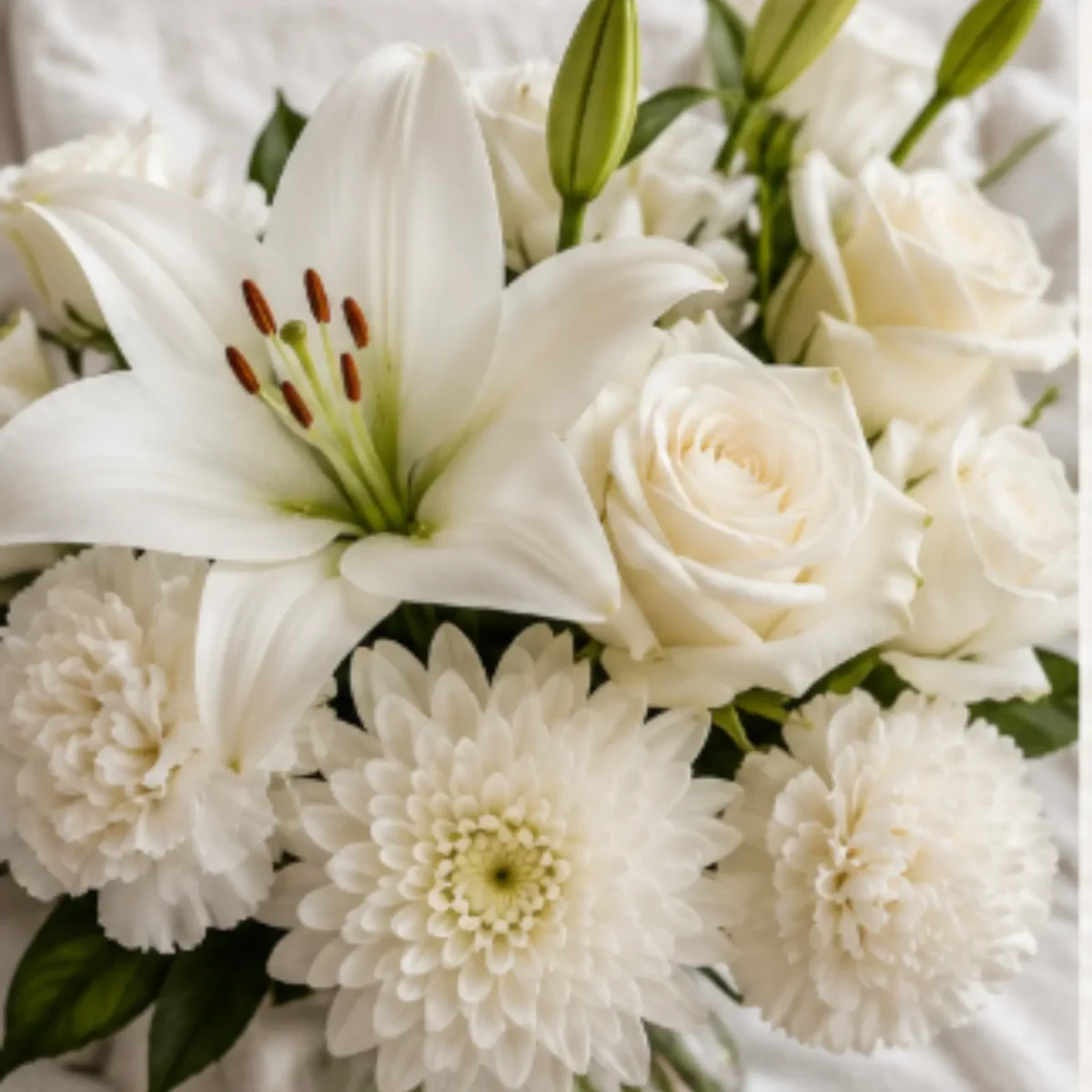 Traditional white funeral flowers with lilies, white roses, carnations and chrysanthemums
