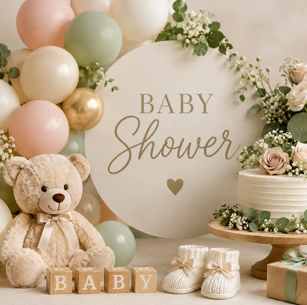 Elegant baby shower styling featuring pastel balloons, fresh seasonal flowers, a teddy bear, celebration cake and decorative baby shower sign.