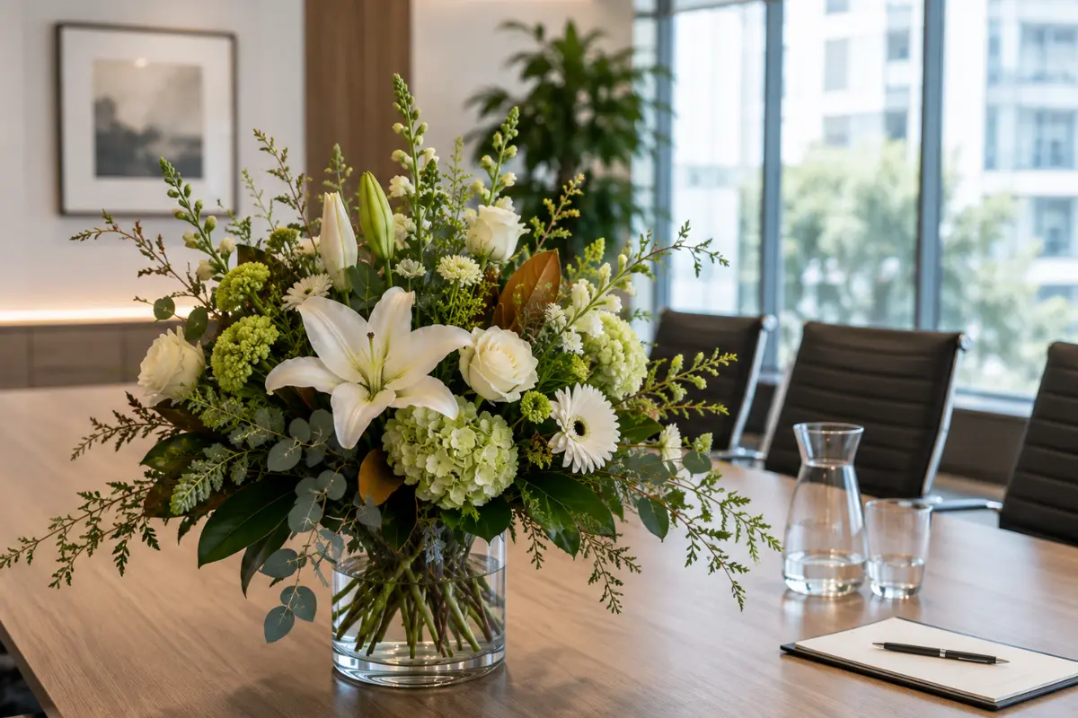 White and green corporate flower arrangement styled on a boardroom table, bringing freshness and professionalism to a workplace meeting space.