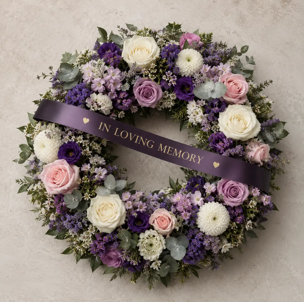 Custom funeral wreath featuring seasonal flowers and foliage, thoughtfully designed as a personalised floral tribute to honour and remember a loved one.