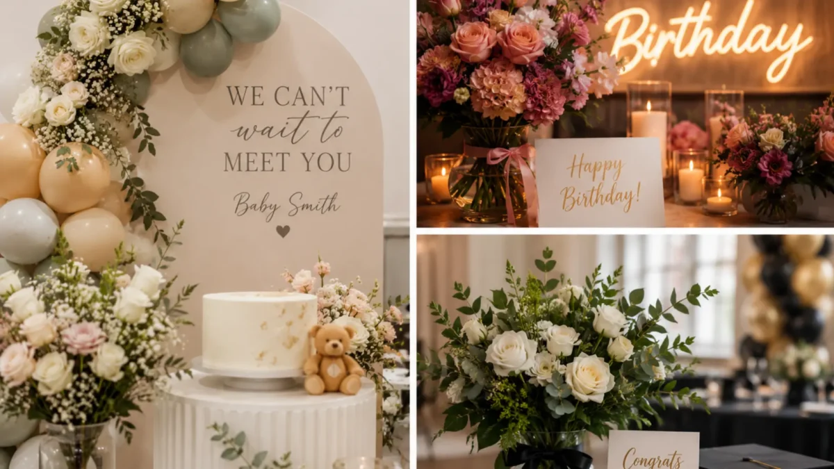 Event flowers for baby showers, birthdays and graduations, featuring custom floral arrangements, celebration styling and seasonal blooms by Dahlia & Thyme Florals.