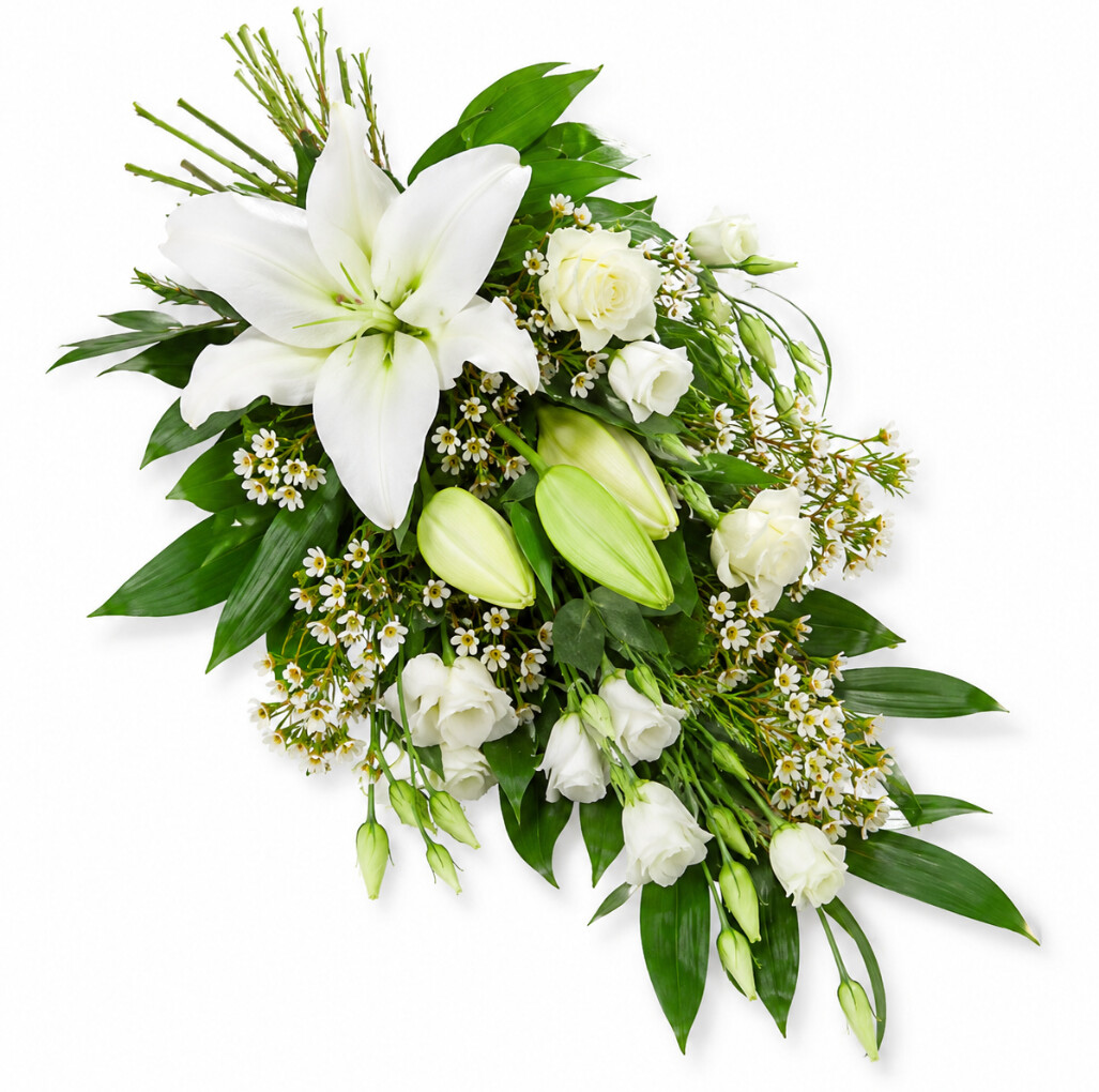 White funeral sheaf featuring lilies, roses, lisianthus and seasonal foliage, designed as a graceful floral tribute for a funeral service or farewell.