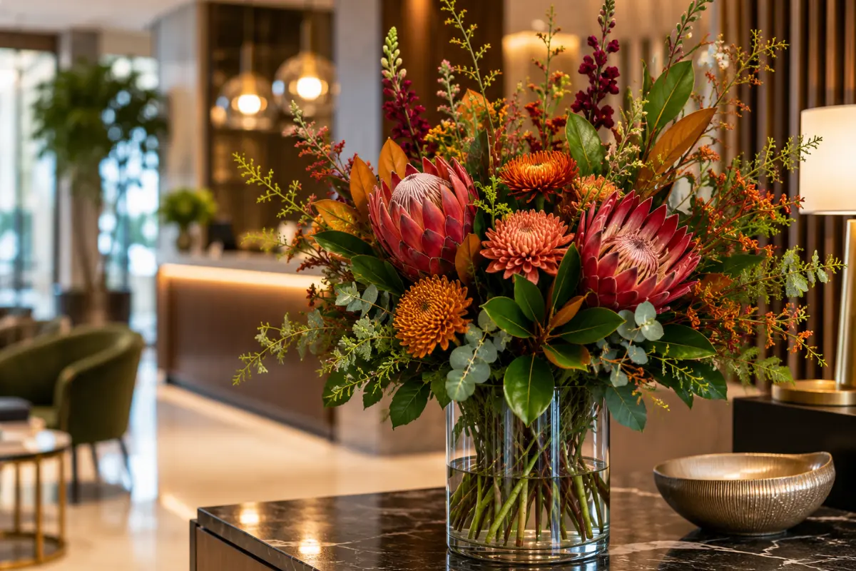 Premium floral arrangement featuring seasonal blooms and foliage displayed in a hotel lobby, adding warmth and elegance to the guest experience.