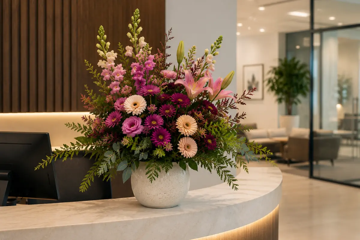 Seasonal corporate flower arrangement displayed on a modern office reception desk, creating a welcoming first impression for visitors and clients.