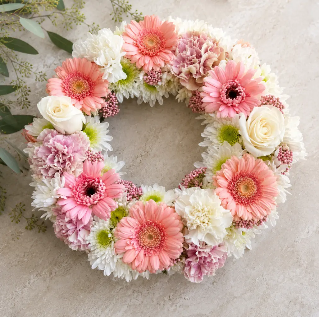 Pink and white funeral wreath with gerberas, roses and seasonal flowers, created as a beautiful floral tribute for a funeral, memorial or celebration of life service.