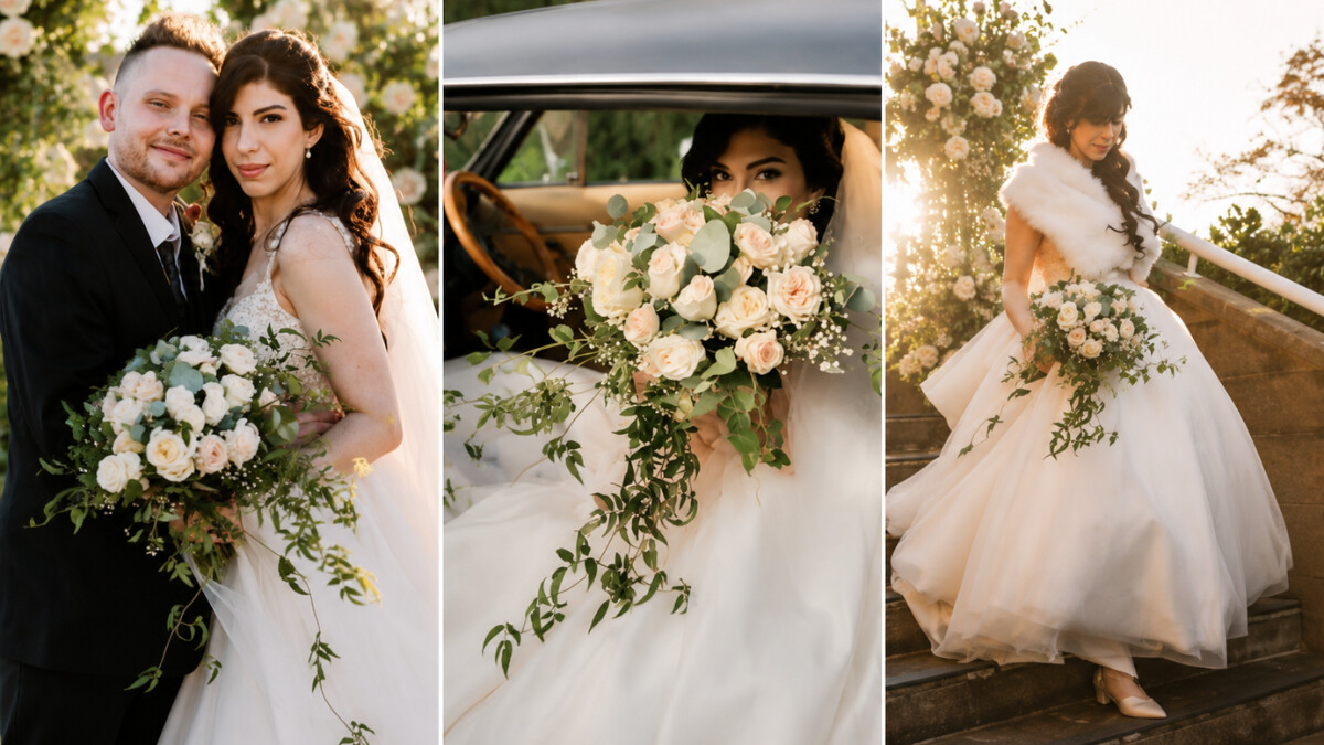 Wedding photo collage featuring a bride and groom with a cascading white rose bouquet, bridal florals displayed in a vintage car, and a bride holding a lush bouquet beside a floral ceremony arbour at sunset.