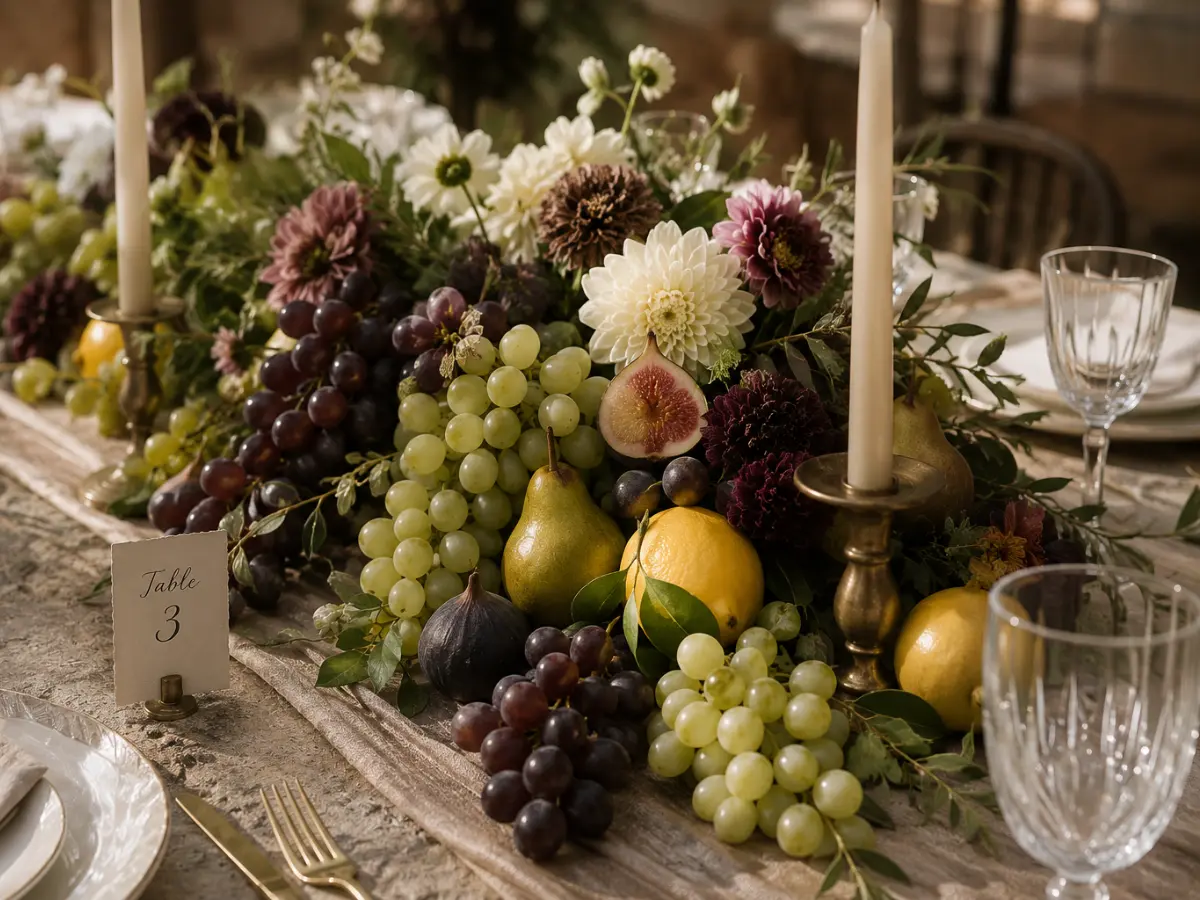 Wedding table centrepiece with grapes, pears, figs and flowers