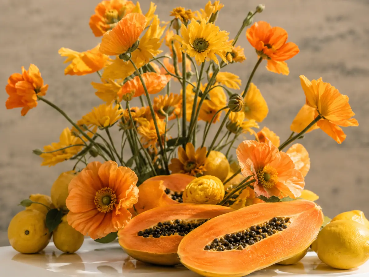 Orange wedding flower arrangement featuring papaya and lemons