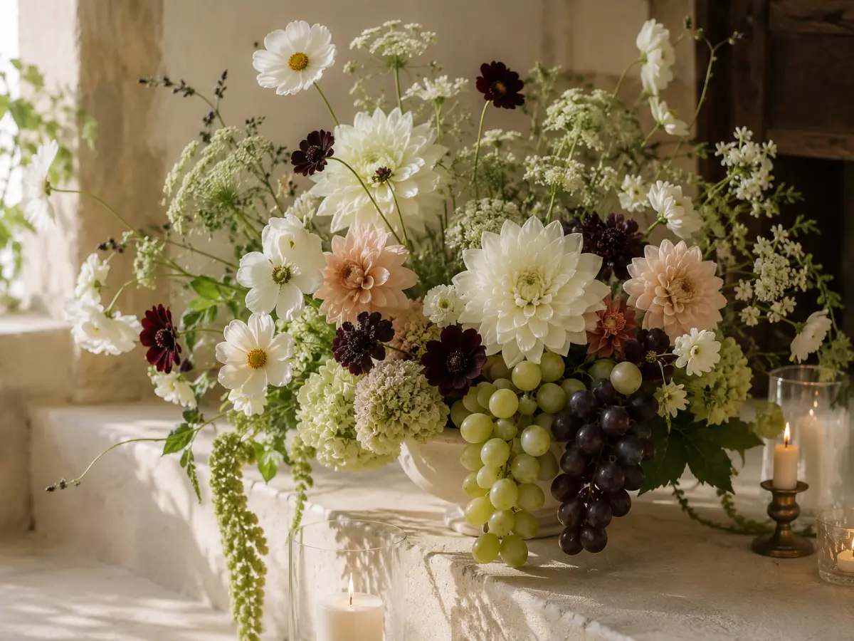 Organic wedding table styling featuring grapes, pears, figs and seasonal flowers