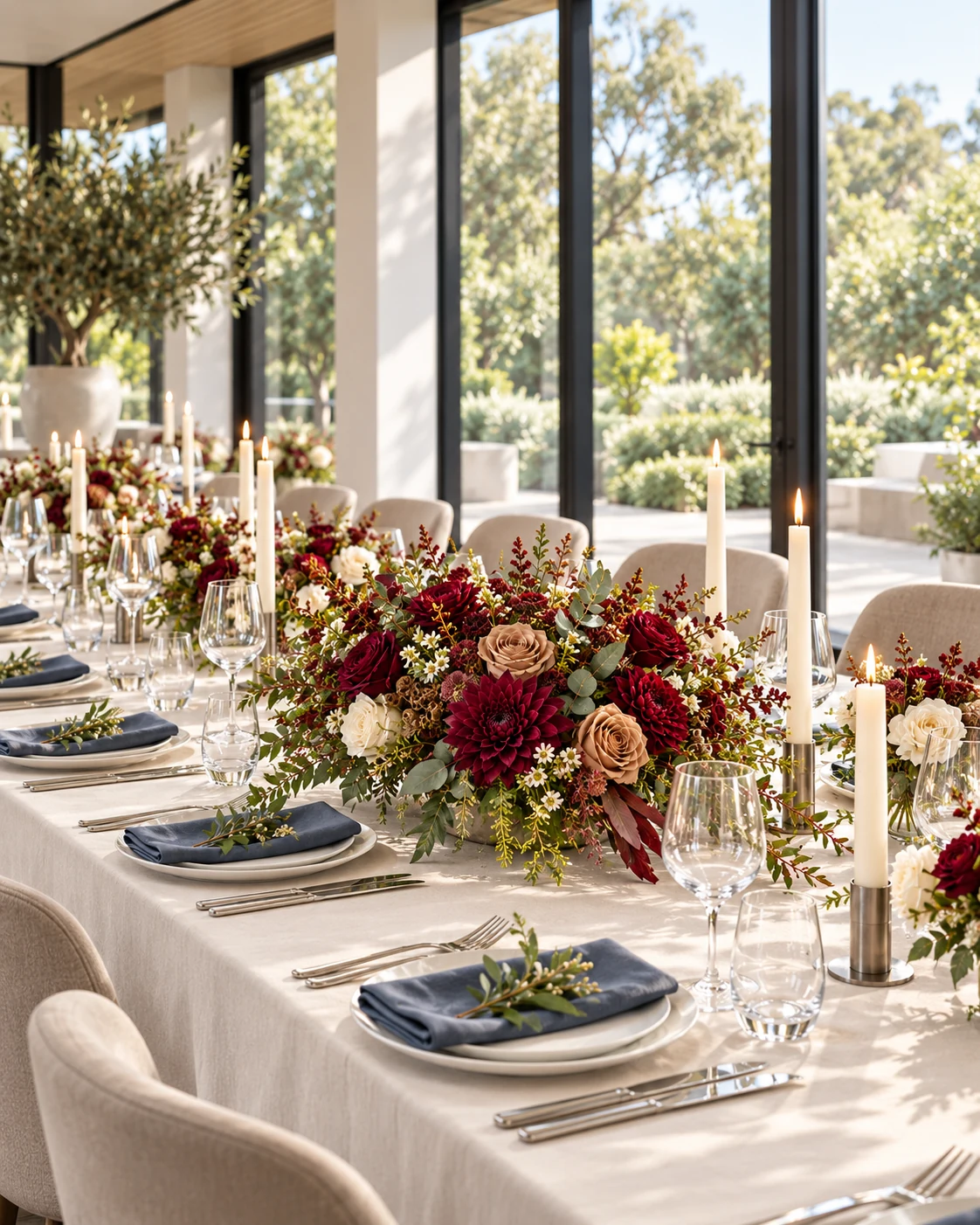 Corporate Christmas table setting with burgundy and ivory floral centrepieces, slate-blue napkins and taper candles in a light-filled venue.