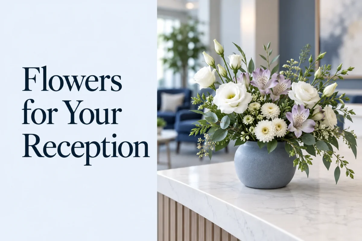 White and pale lilac flowers in a blue vase on a reception counter, beside the words “Flowers for Your Reception”